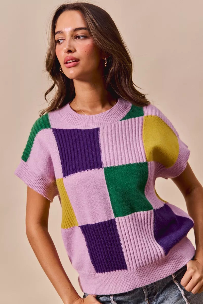 SO ME Mardi Gras Check Plaid Casual Sweater Top