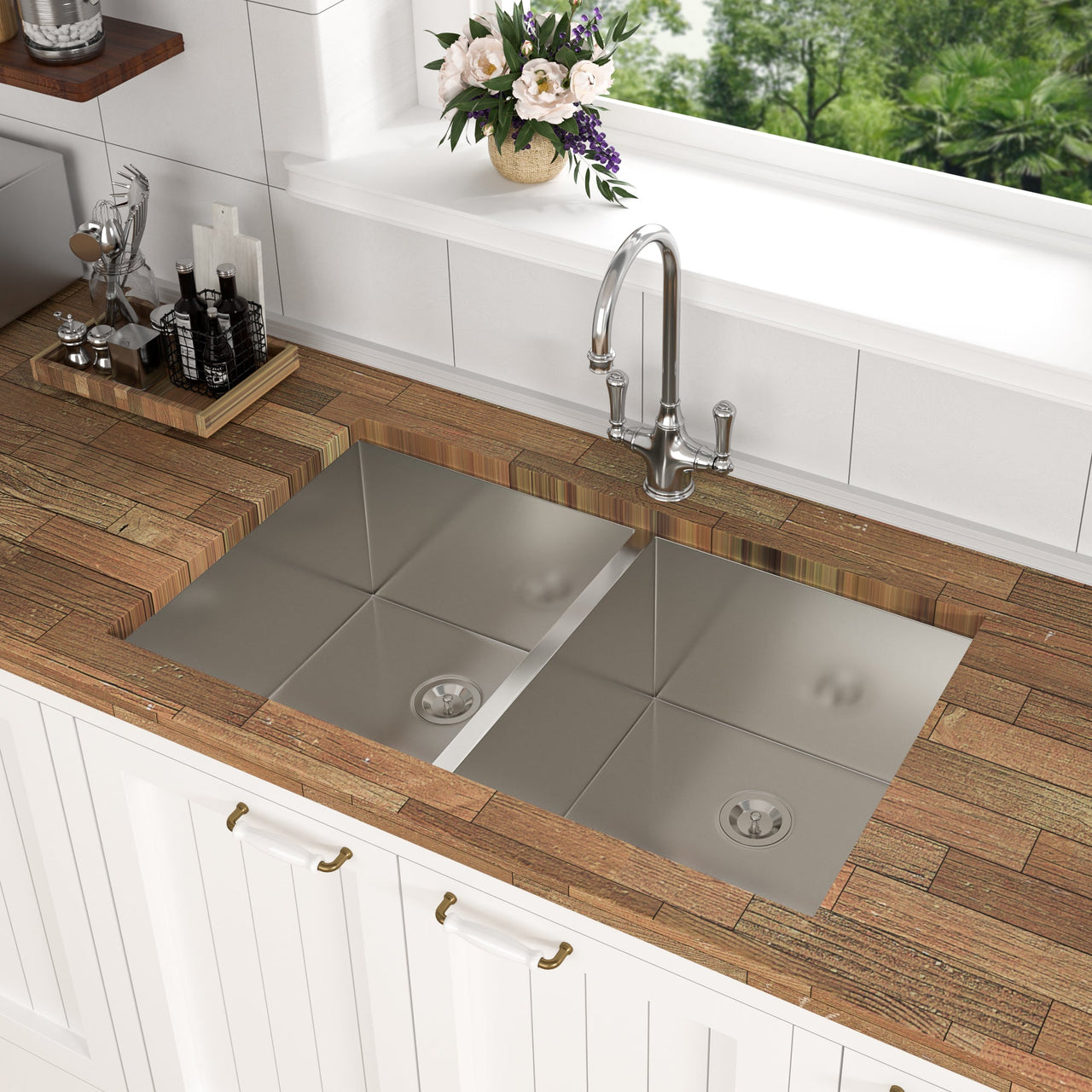 Brushed Nickel Undermount Double Bowl Kitchen Sink 33 x 19 in 16 Gauge Stainless Steel with 9 Inch Deep Basin
