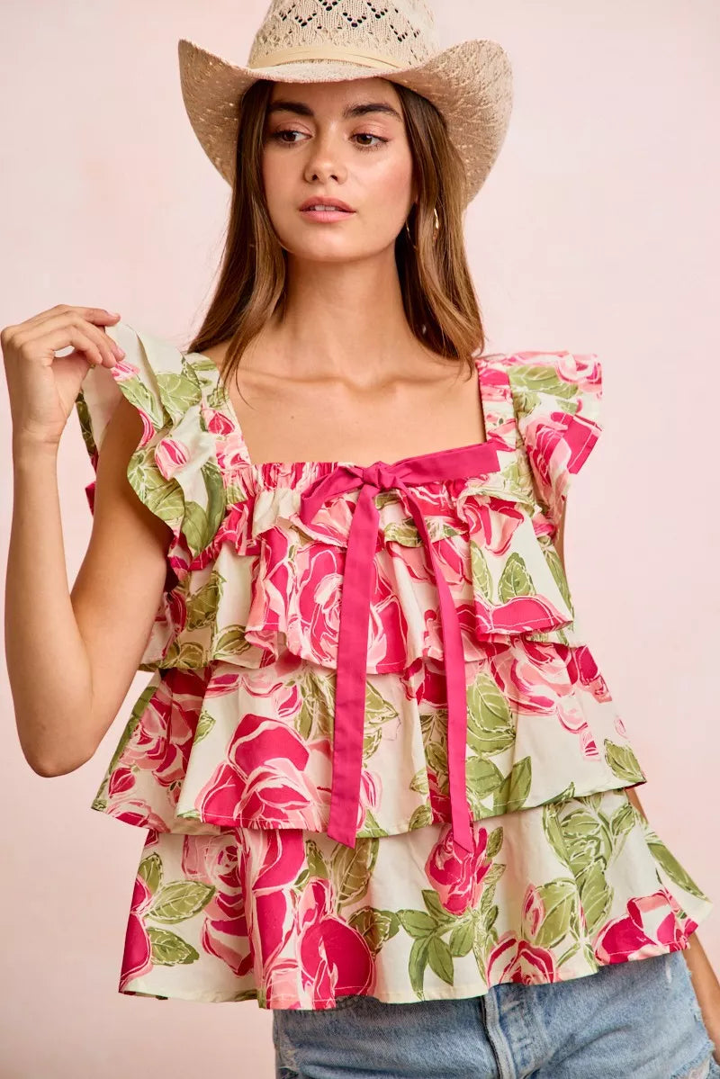 BiBi Floral Print Woven Bow Tie Ruffle Square Neck Top