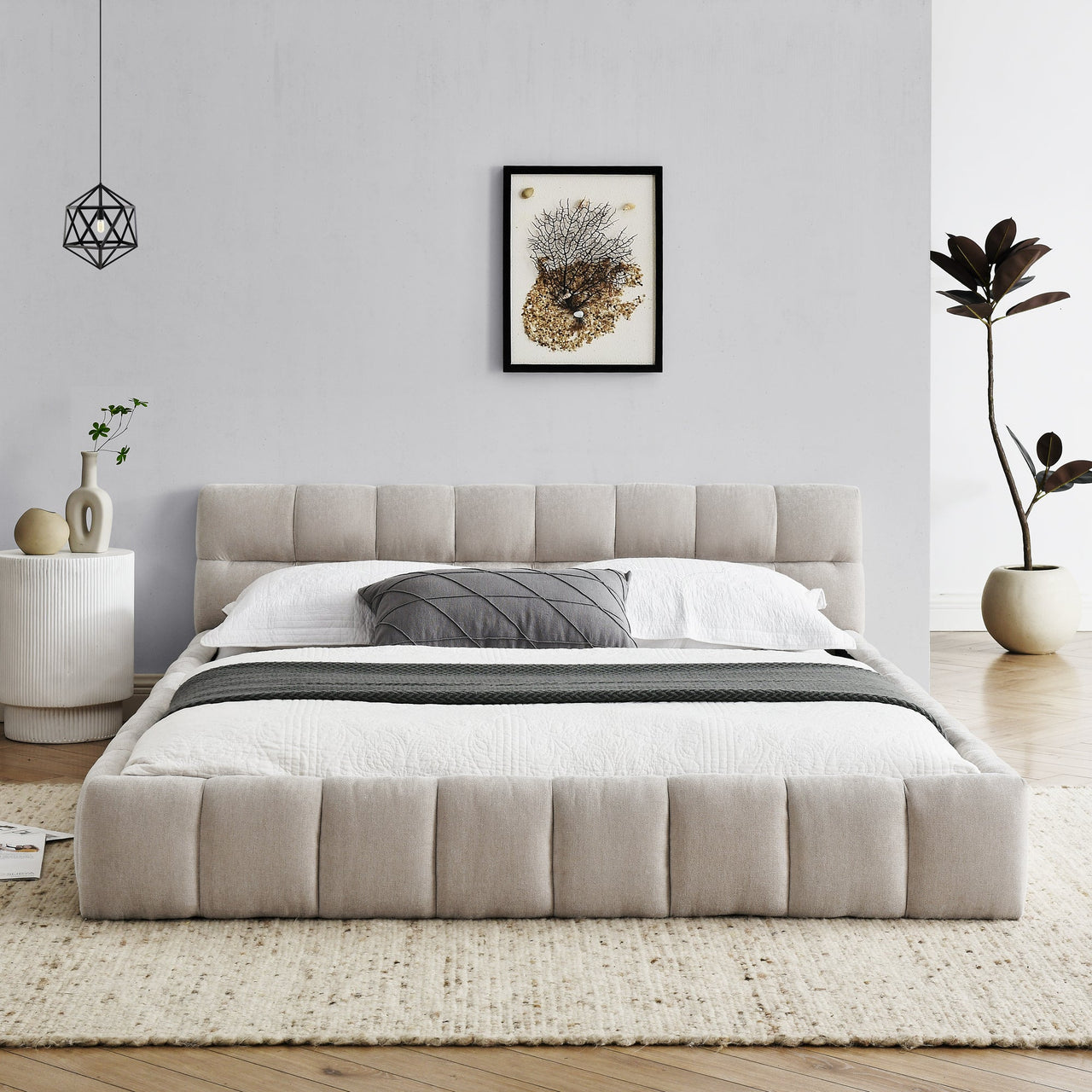 Modern Queen Size Upholstered Bed Frame with Headboard, Thick Chenille Fabric, Beige