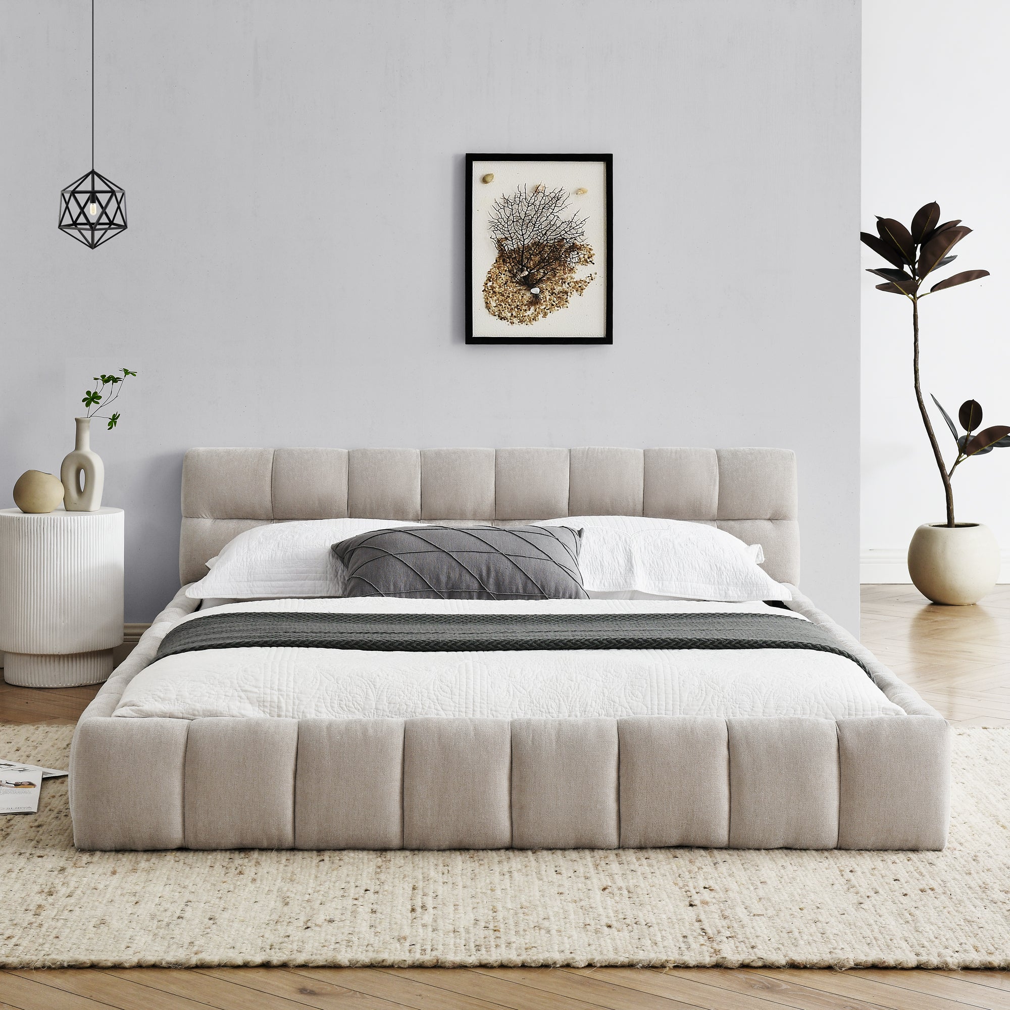 Modern Queen Size Upholstered Bed Frame with Headboard, Thick Chenille Fabric, Beige