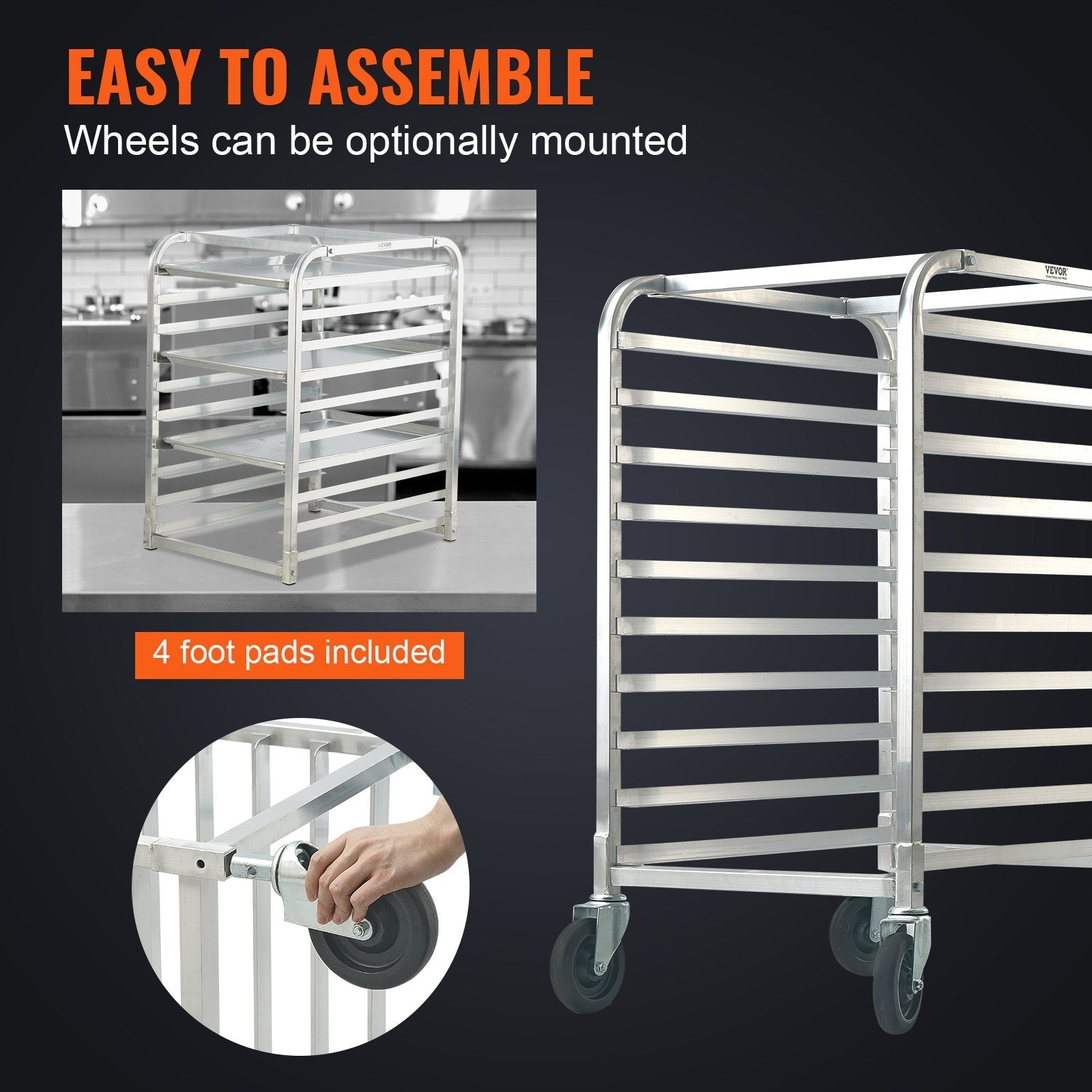 Bun Pan Rack, 10-Tier Commercial Bakery Racks with Brake Wheels, Aluminum Racking Trolley Storage for Half & Full Sheet, Speed Rack For Kitchen Home, Bread Baking Equipment, 26'L x 20.3'W x 39'H