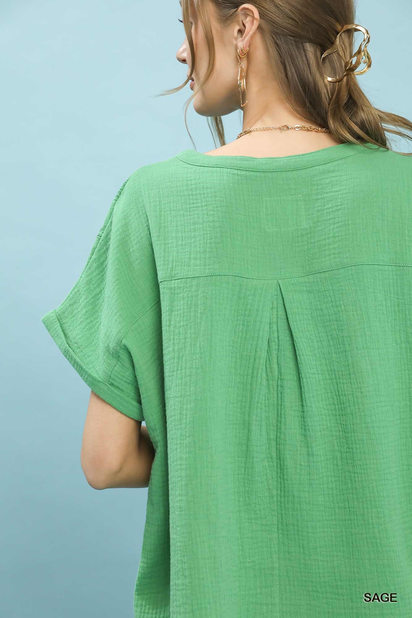 Umgee Textured Gauze Split-Neck Boho Blouse