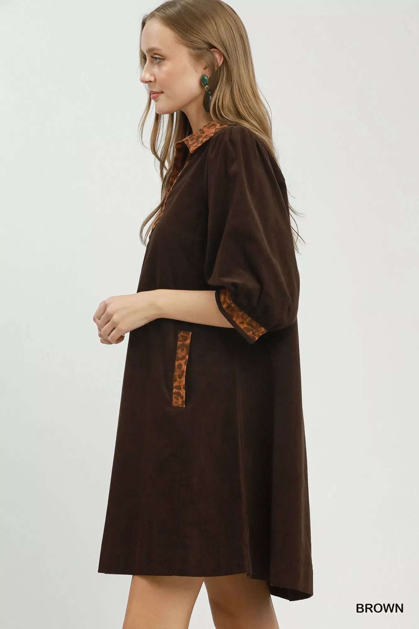 Umgee V-Neck Shift Dress with Contrast Trim