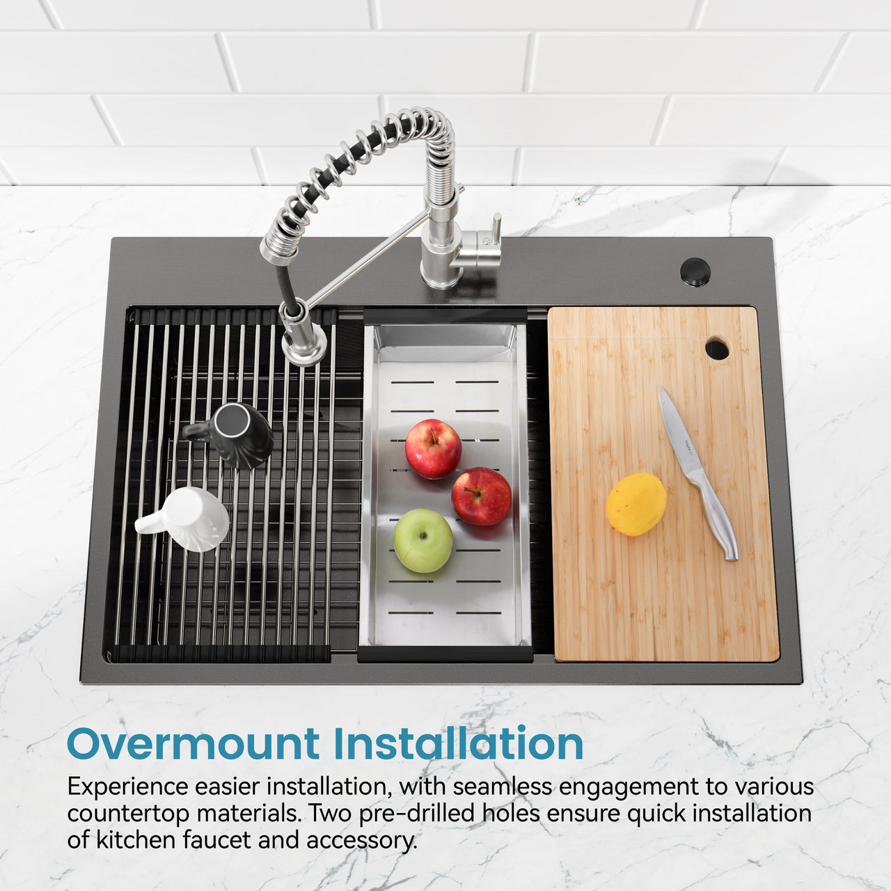 Stainless Steel Kitchen Sink, 33″x22″ Single Bowl, Overmount Handmade Sink in Black, with Cutting Board, Colander, Grid, SS-BL-01