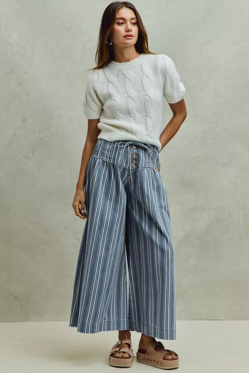 SO ME Mid Rise Stripe Denim Washed Pleat Wide Leg Pants
