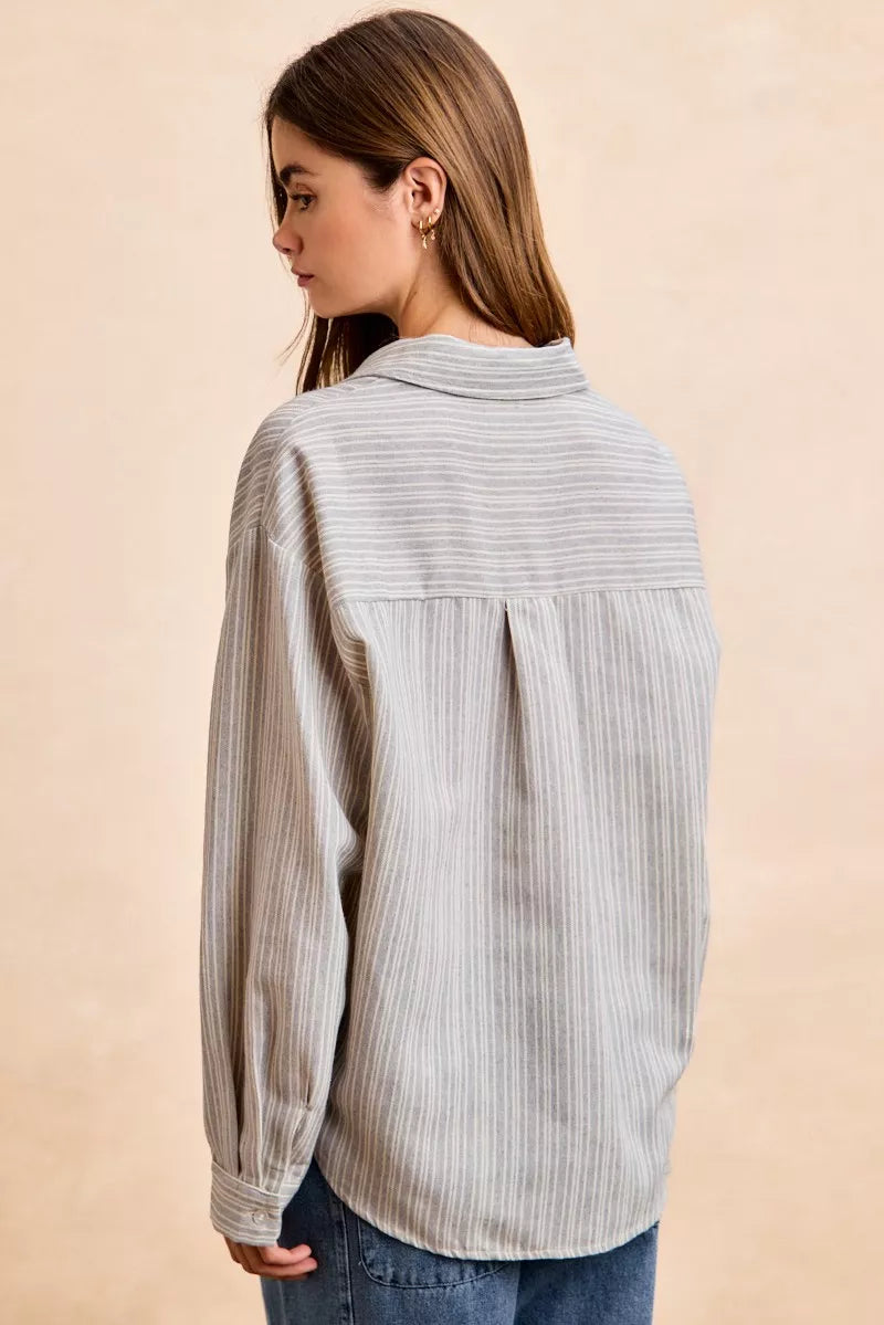 BiBi Flower Jacquard Knit Patch Pocket Stripe Shirt