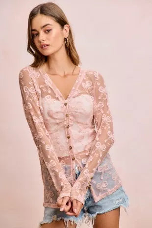 BiBi Bow Pattern Shrried V-neck Mesh Cardigan Top