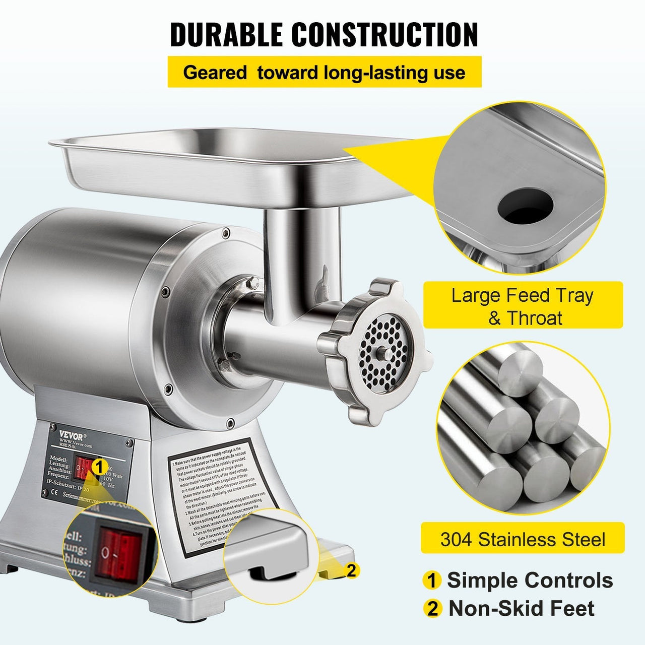 Commercial Meat Grinder,550LB/h 1100W Electric Meat Grinder, 220 RPM Heavy Duty Stainless Steel Industrial Meat Mincer w/2 Blades, Grinding Plates & Stuffing Tubes