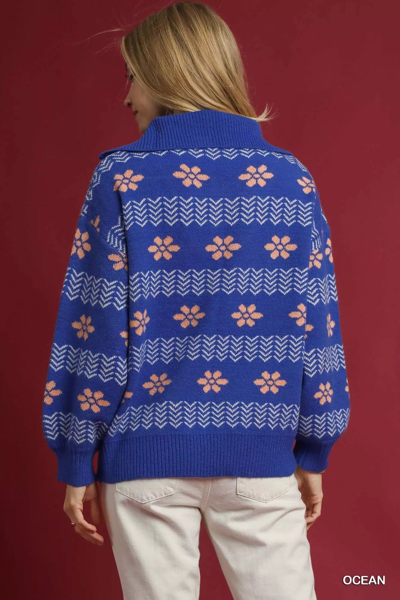 Umgee Floral Patterned Jacquard Quarter-Zip Pullover Sweater