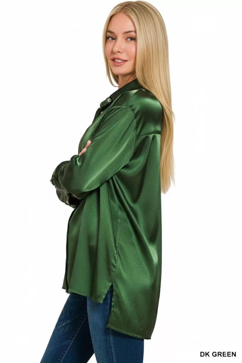 Zenana Satin Button Down Long Sleeve Shirt