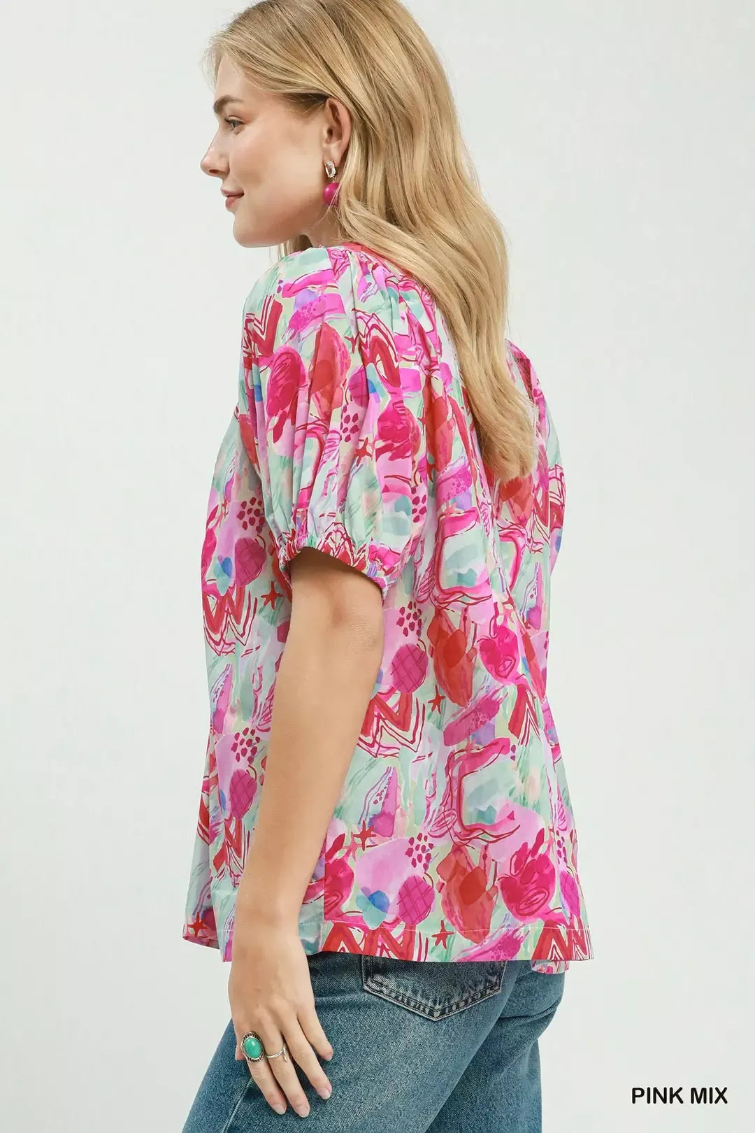 Umgee Abstract Print Puff Sleeve Top