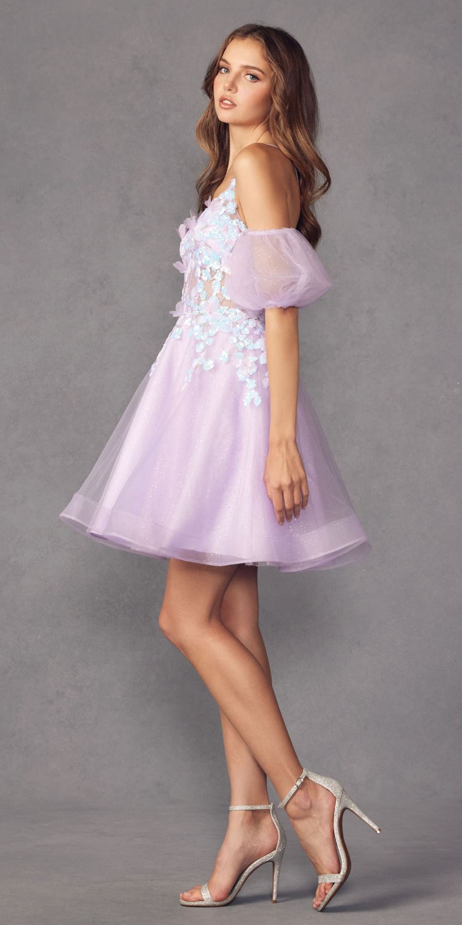 Juliet 901 Short Removable Puff Sleeves A-Line Glitter Tulle Dress
