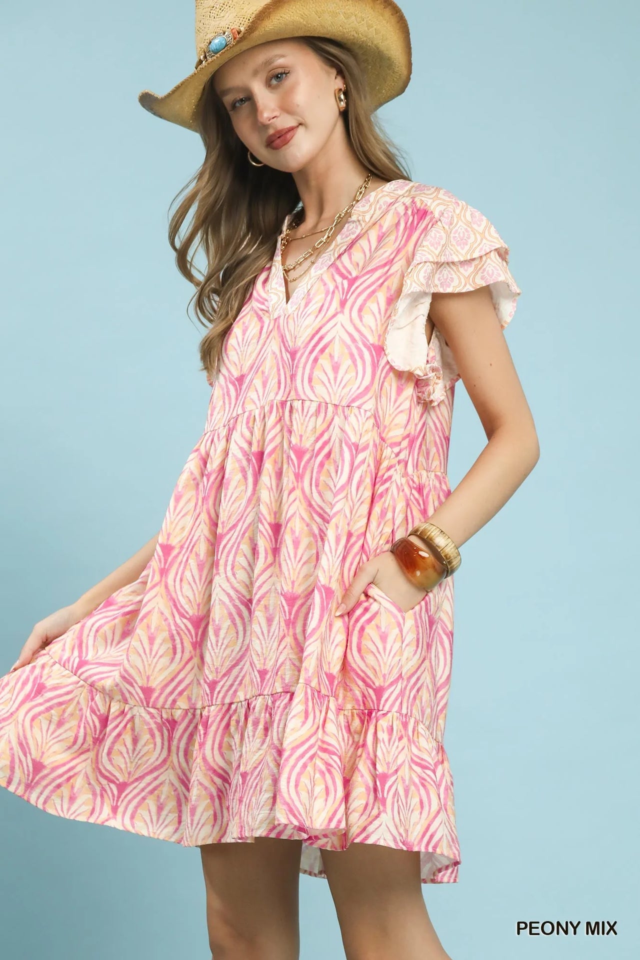 Umgee Mix Printed Flutter Sleeve Dress