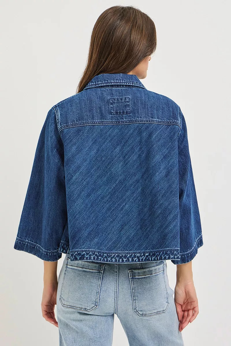 RISEN Double-Breasted Flowy Cropped Denim Jacket