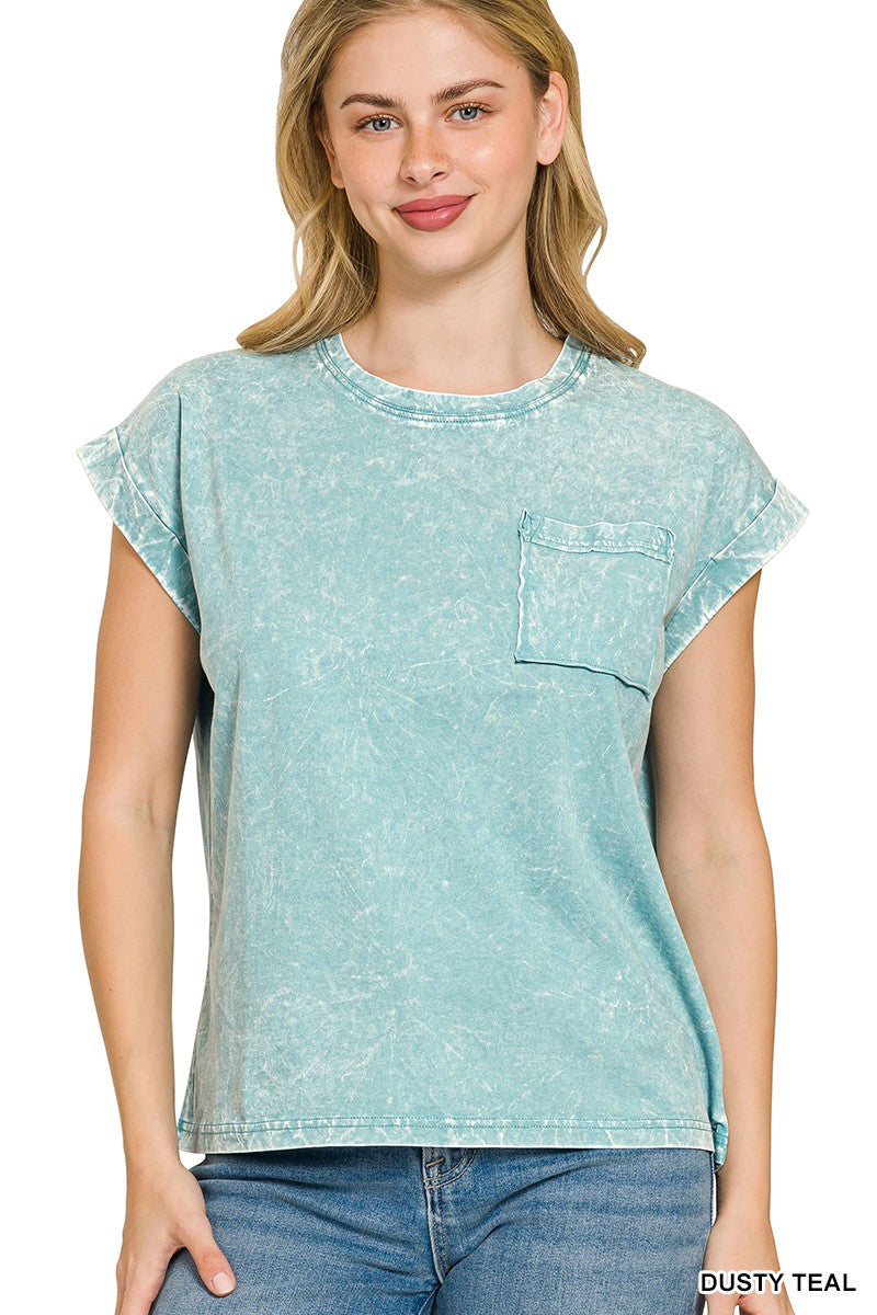 Zenana Full Size Crinkle Washed Round Neck Folded Short Sleeve Tee Plus Size