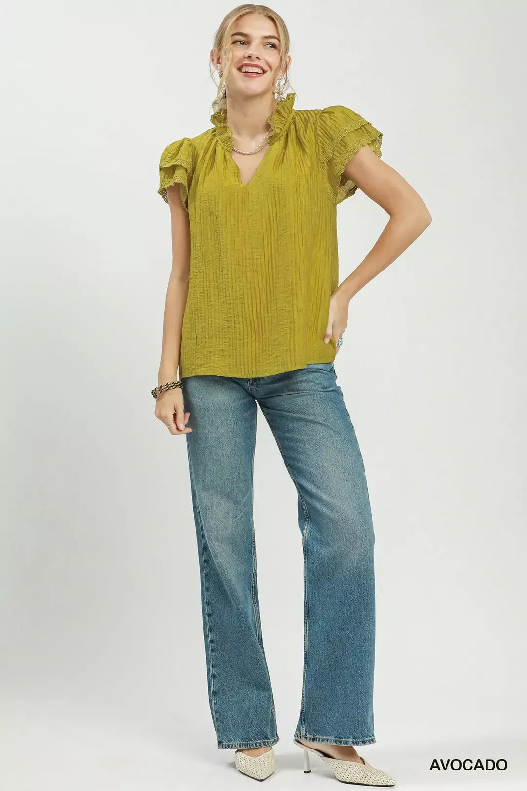 Umgee Lace Trim Ruffle Top