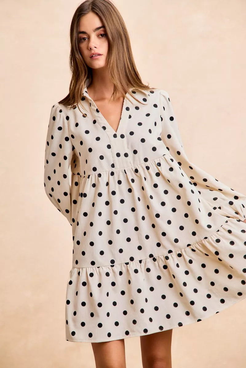 BiBi Polka Dot Corduroy Collared V Neck Dress