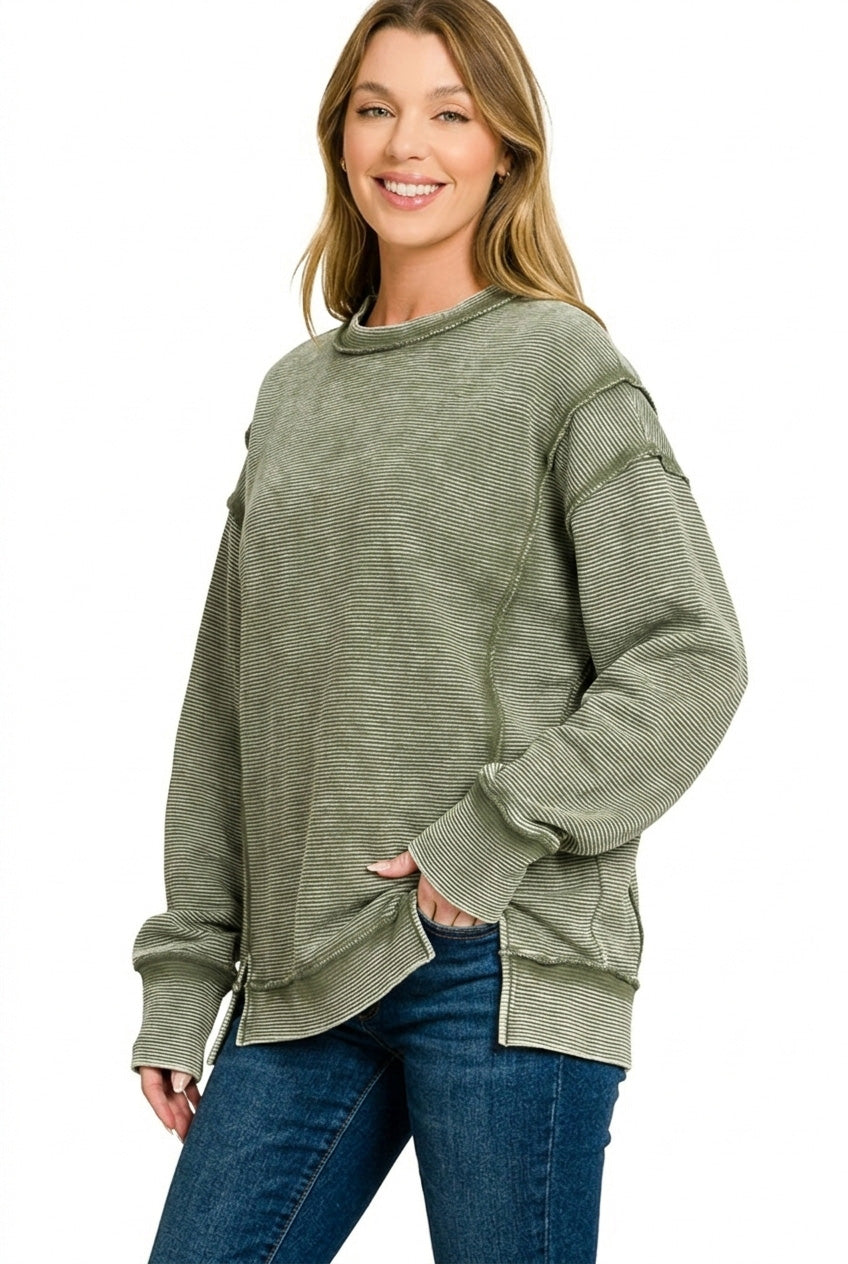 Zenana Acid Washed Double Ribbed Exposed-Seam Sweatshirt