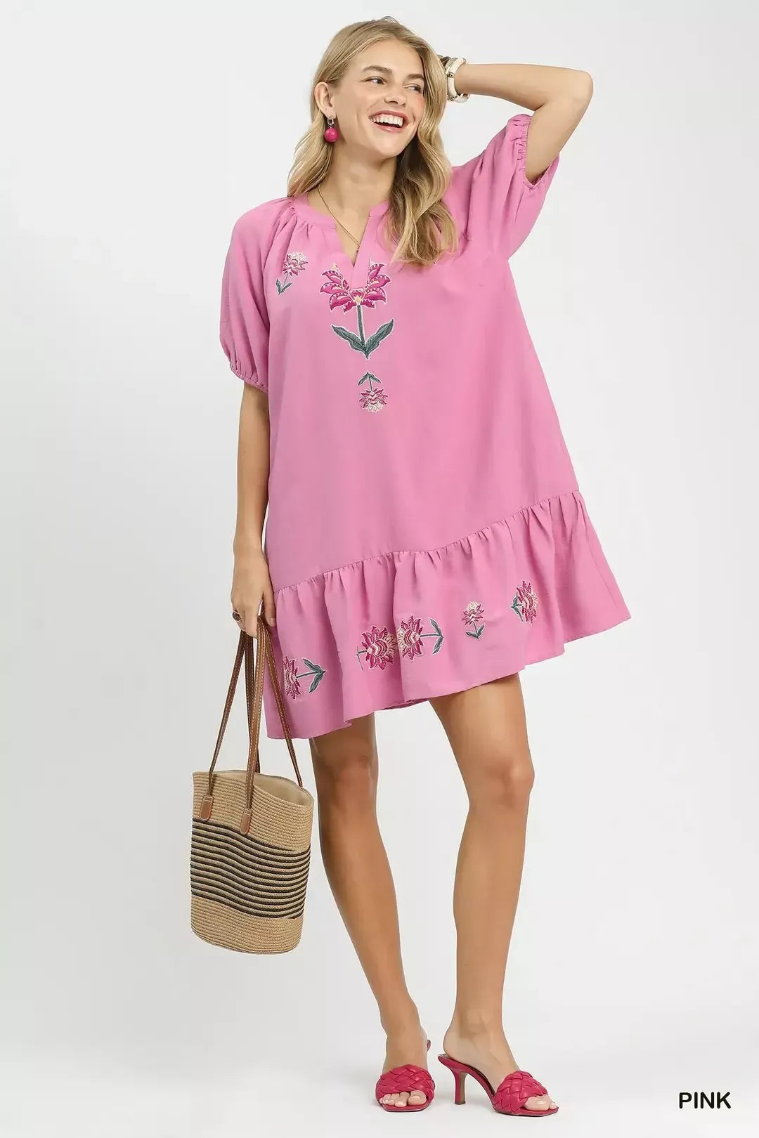 Umgee Embroidered Floral Babydoll Dress