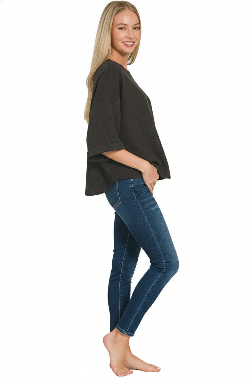 Zenana Double Knit Exposed Seam Curved Hem Top