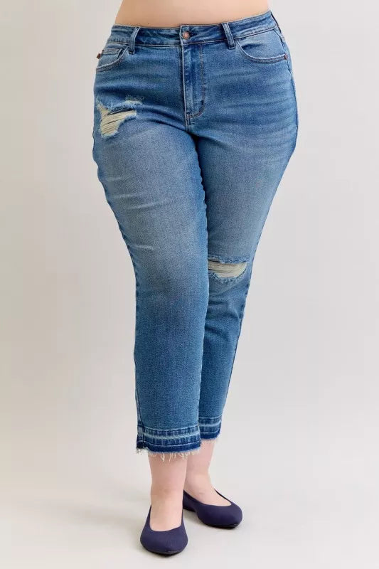 Judy Blue Full Size Mid Rise Bf Patch & Repair Destroyed Release Hem Jeans Plus Size