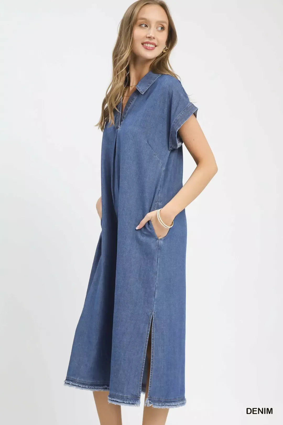 Umgee Stone Washed Collared Denim Midi Dress
