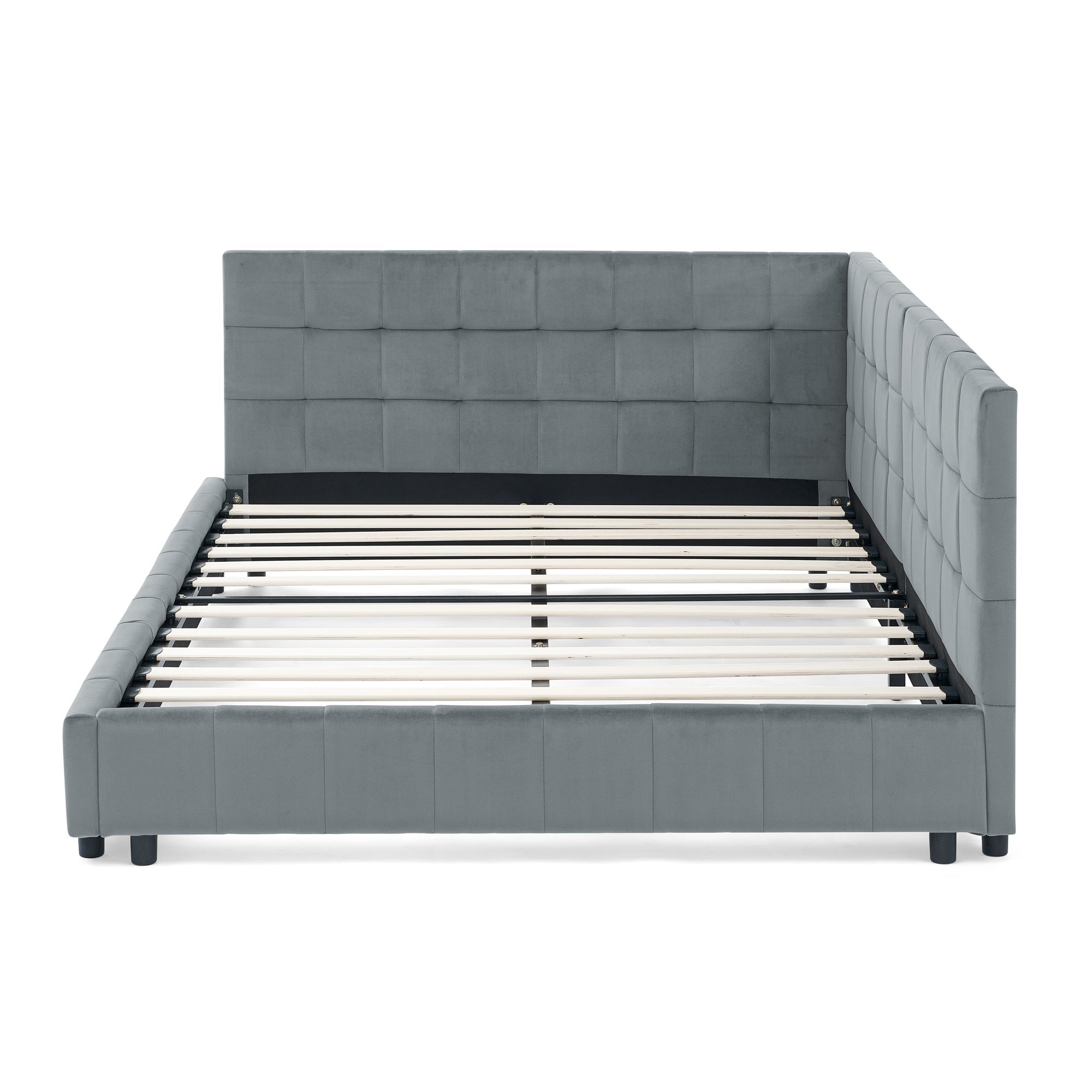 Velvet Grey Full Size Upholstered Tufted Bed Frame with Backrest and Armrests, 80.5''*59''*30.5''