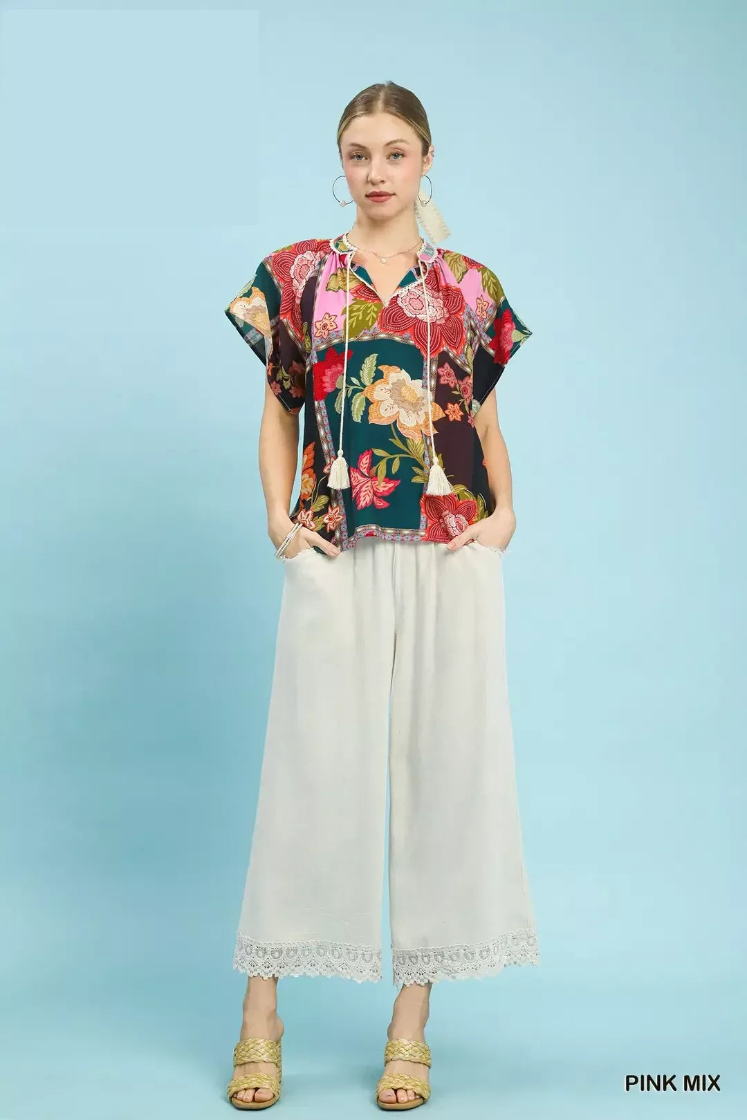 Umgee Mix Floral Patchwork Tassel Tie Top