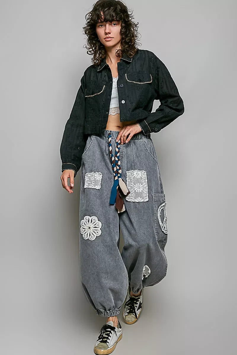 POL Cropped Button-Front Eyelet Cotton Jacket