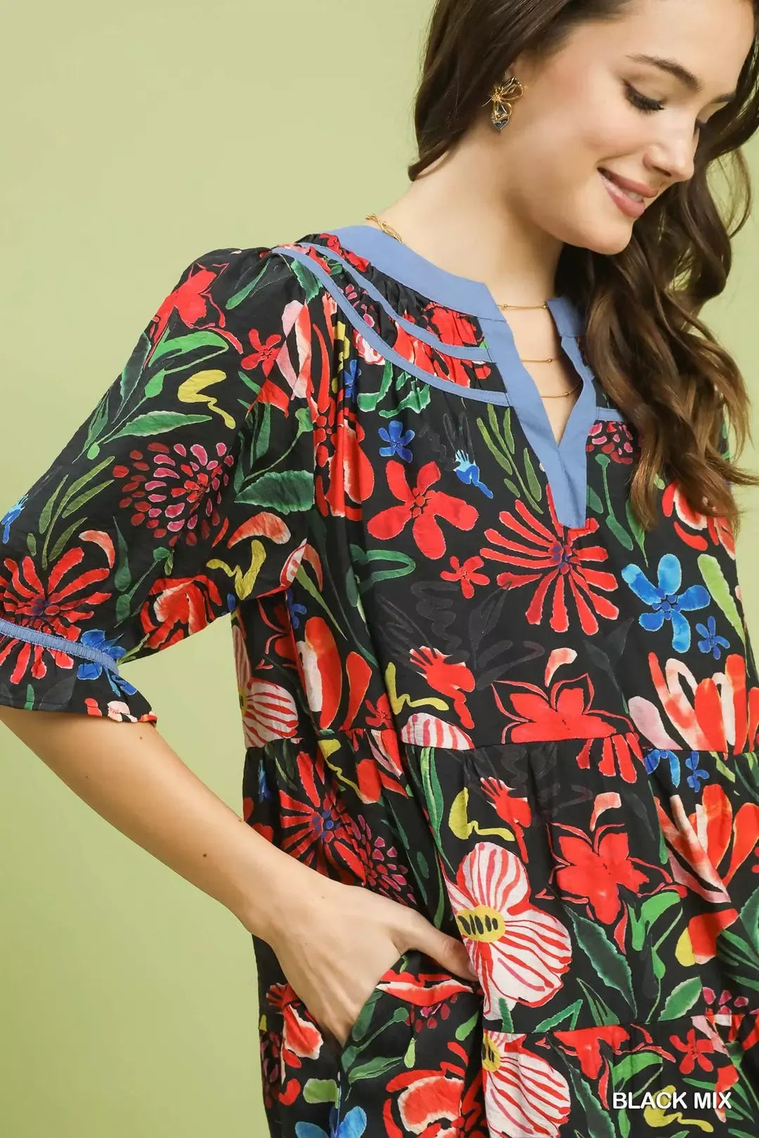 Umgee Floral Tiered Puff Sleeve Dress
