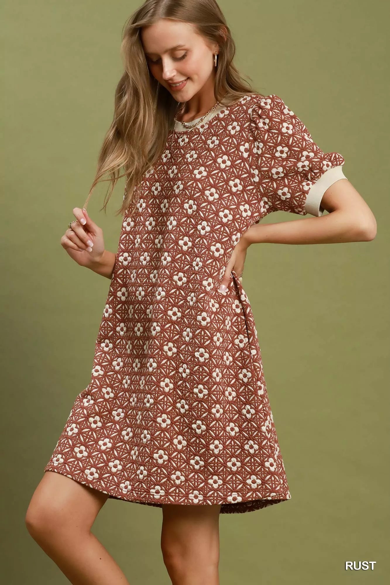 Umgee Floral Textured Puff Sleeve Mini Dress