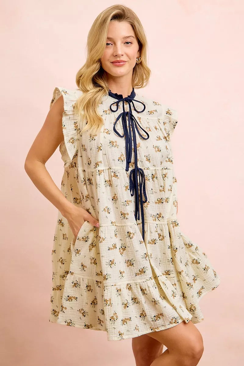 BiBi Floral Multi-tierd Dress With Ruffles And Front Tie