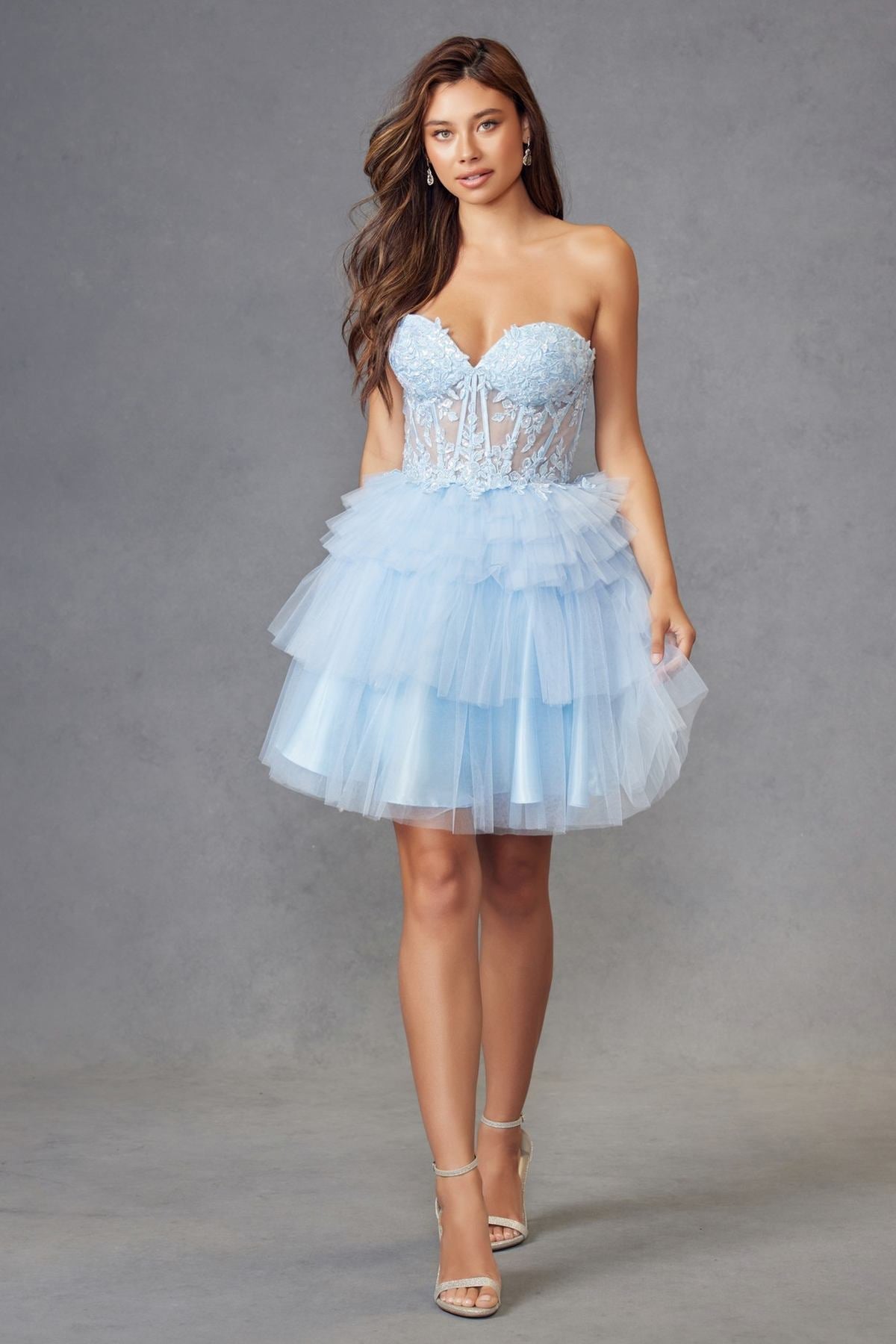 Juliet JT918A Dress Strapless Cocktail Leaf Lace Corset Bodice Ruffle Skirt