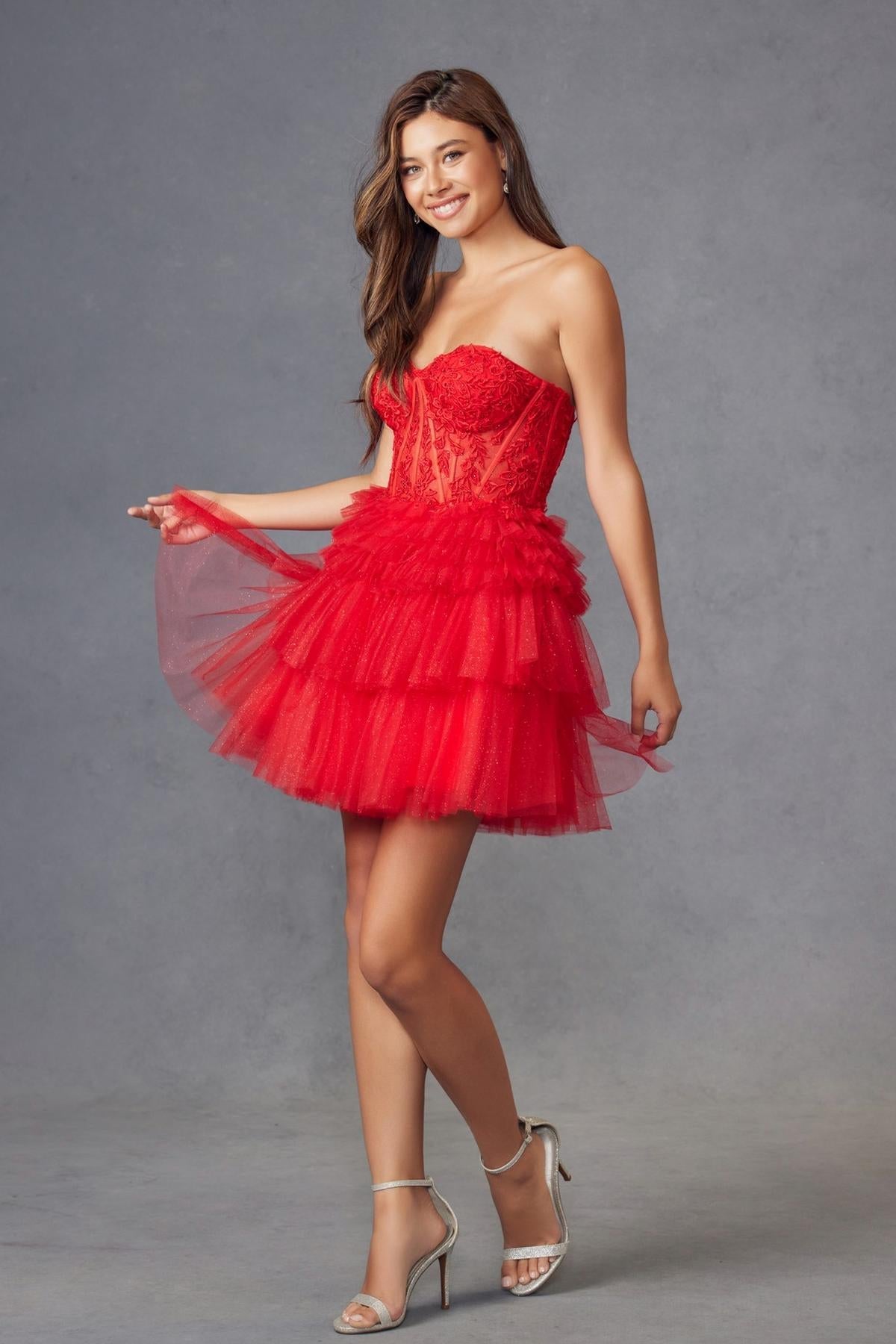 Juliet JT918A Dress Strapless Cocktail Leaf Lace Corset Bodice Ruffle Skirt