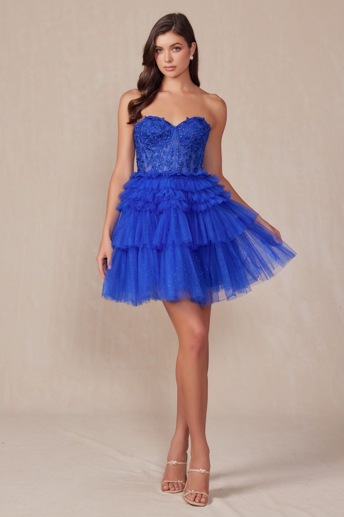 Juliet JT918A Dress Strapless Cocktail Leaf Lace Corset Bodice Ruffle Skirt