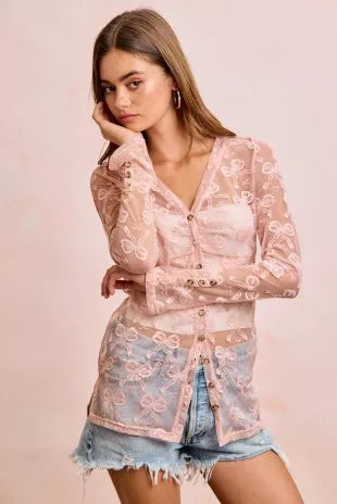BiBi Bow Pattern Shrried V-neck Mesh Cardigan Top