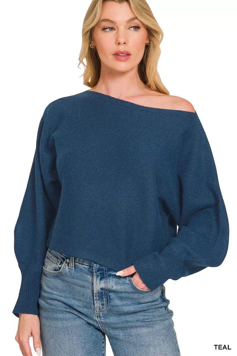 Zenana Boat Neck Balloon Sleeve Sweater