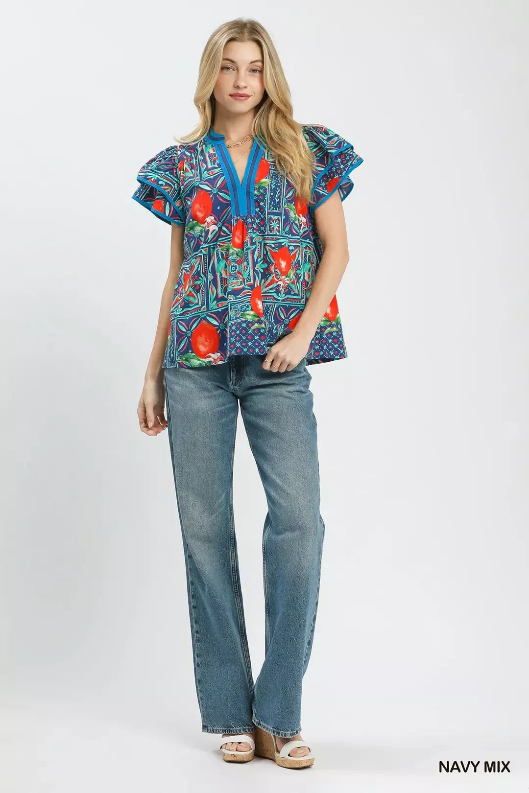 Umgee Abstract Print Flutter Sleeve Blouse