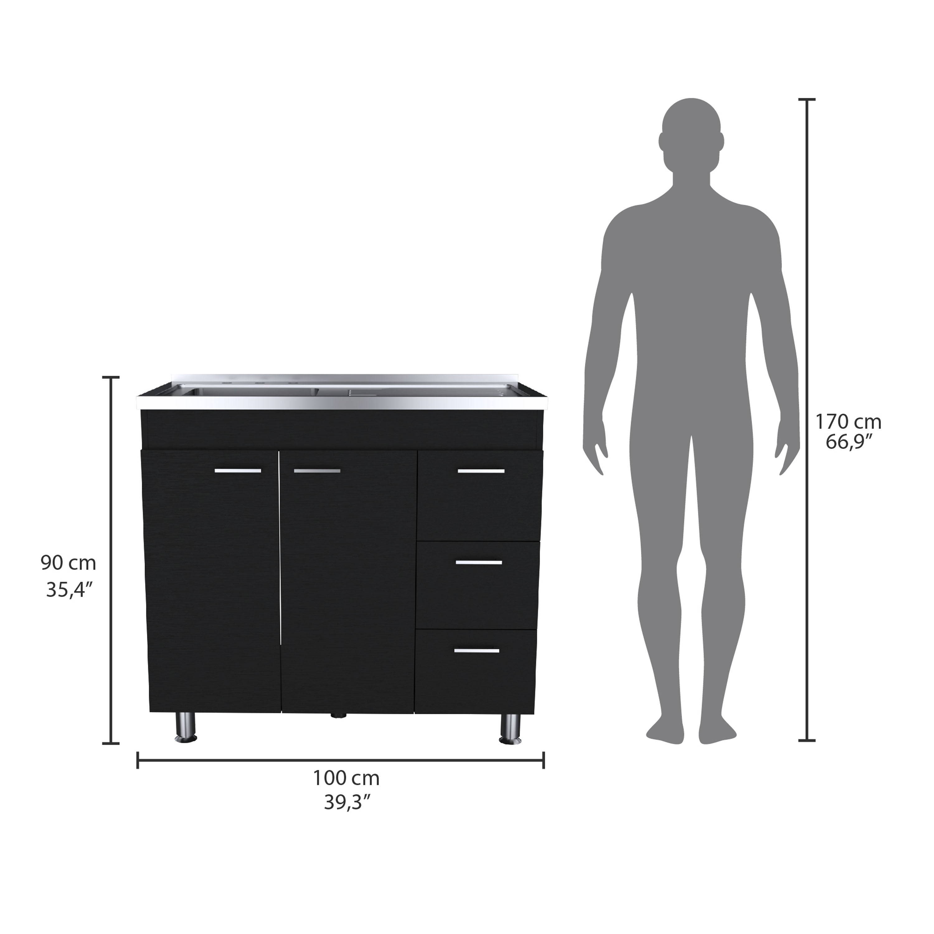 Ferretti Utility Sink with Three Drawers and Double Door Cabinet Black