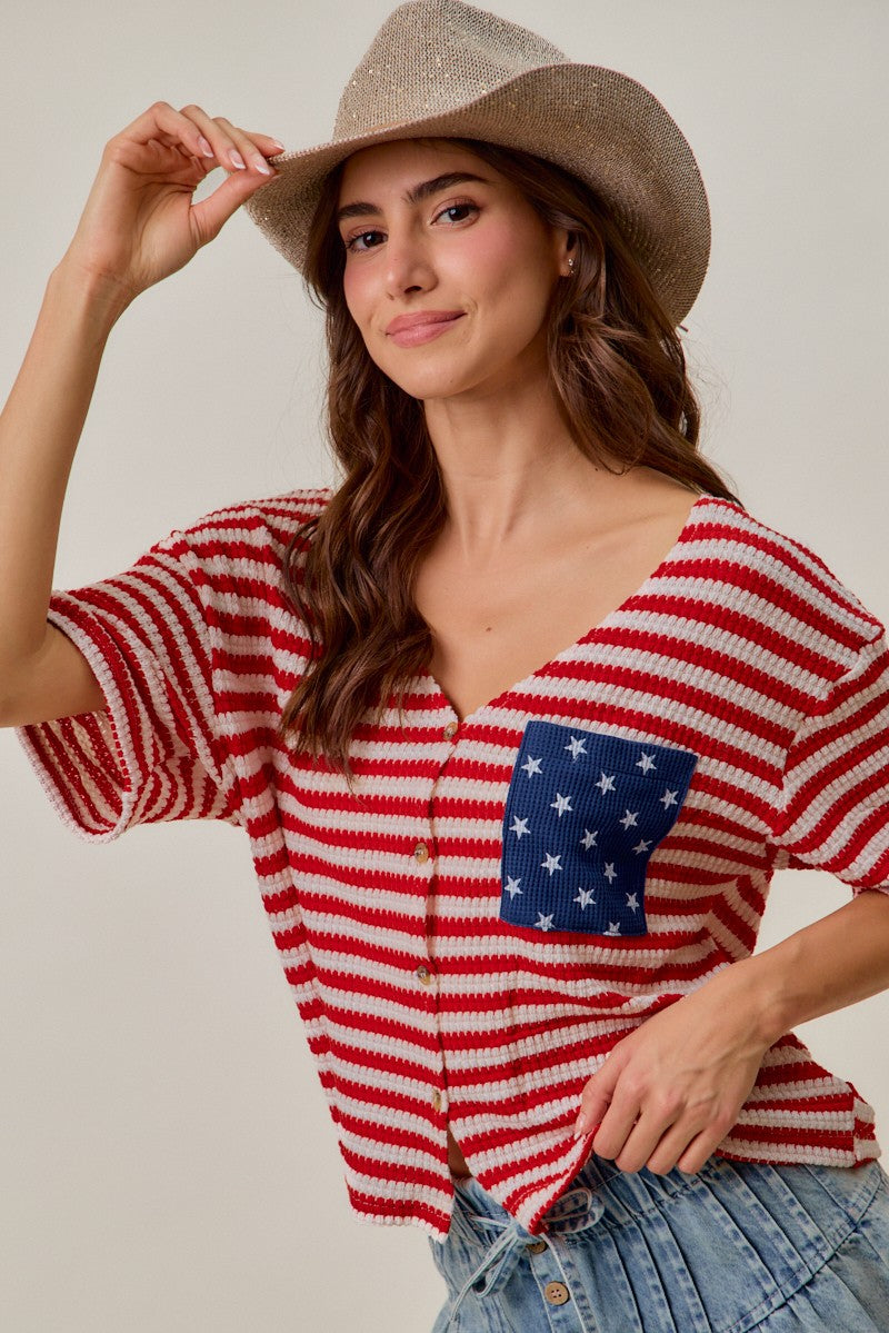 SO ME Stripe Waffle Knit Fourth Of July Cardigan Top