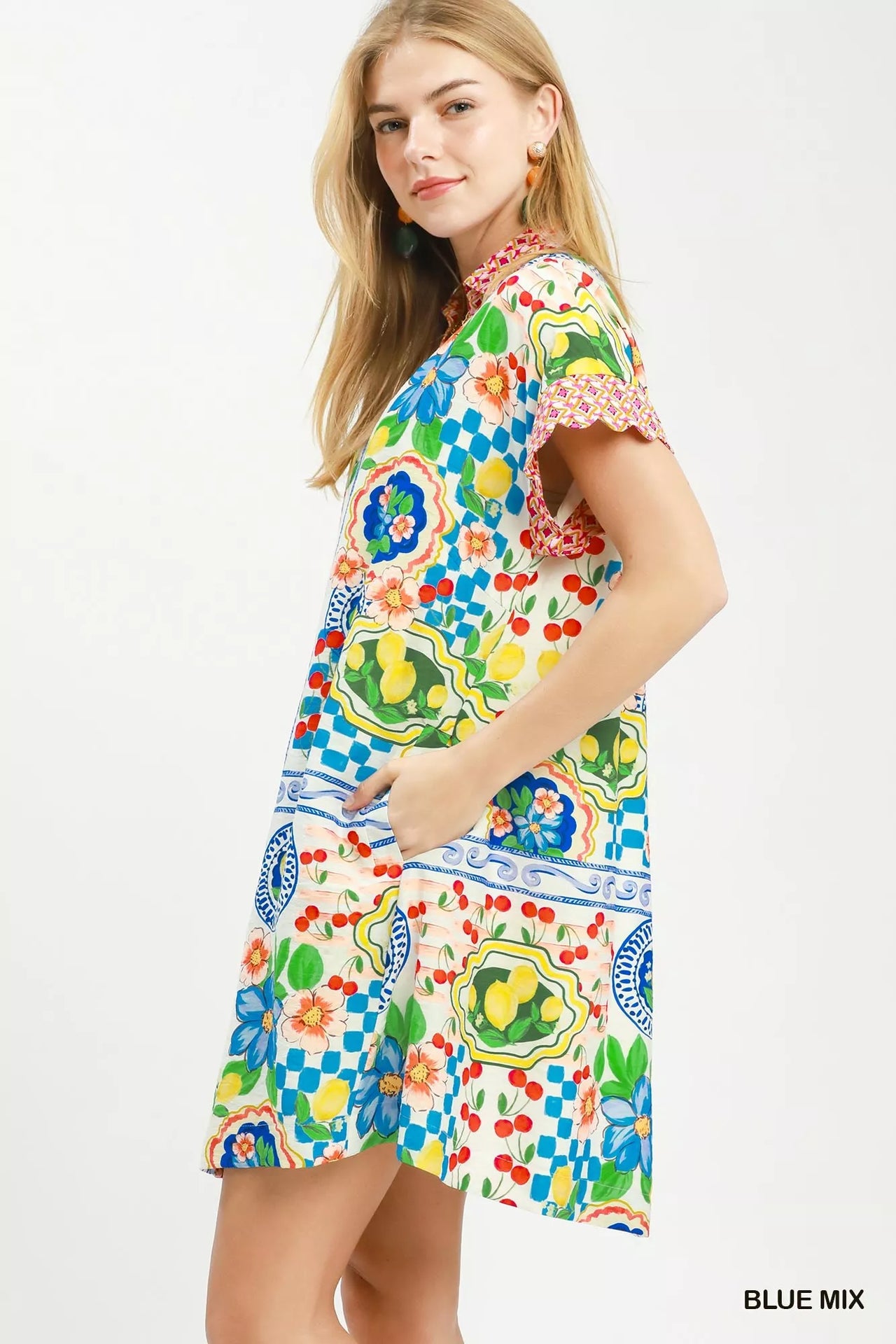 Umgee Mediterranean Print Dress with Contrast Printed Trim