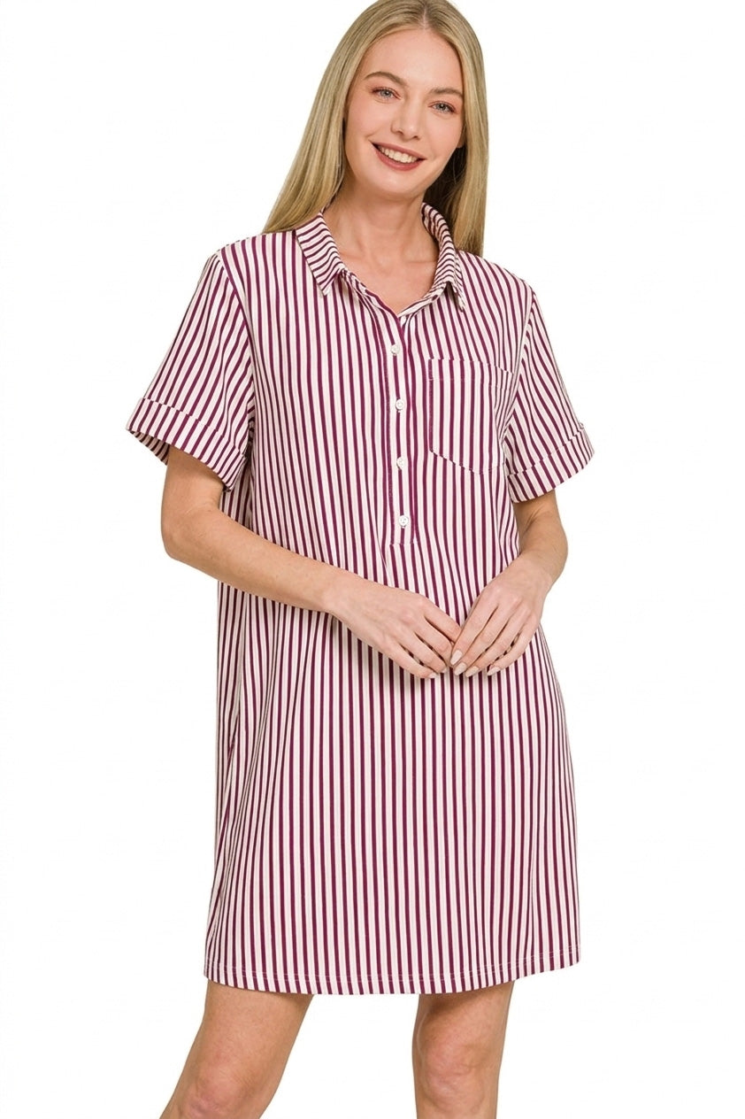 Zenana Stripe Collared Half Button Up T-Shirts Dress