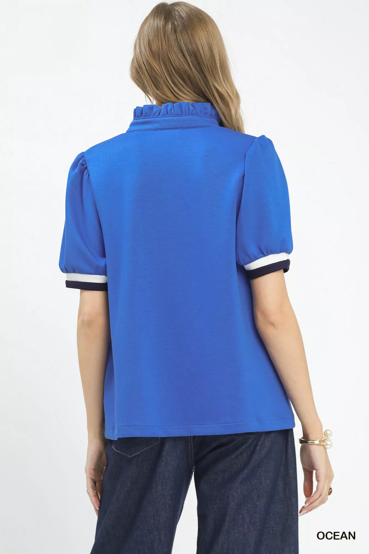 Umgee Luxe knit Contrast Trim Puff Sleeve Top