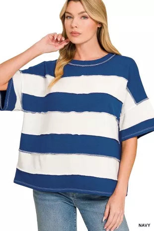 Zenana French Terry Striped Exposed Seam Top