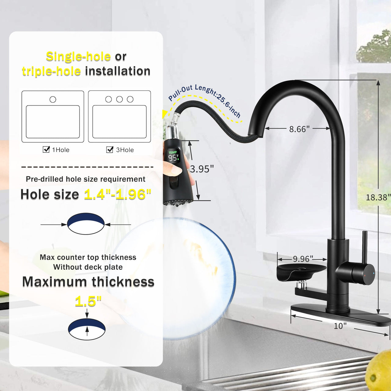 3-in-1 Matte Black Kitchen Faucet with LED Temperature Display, Press-Type Glass Rinser, Pull-Down Sprayer, 3 Spray Modes