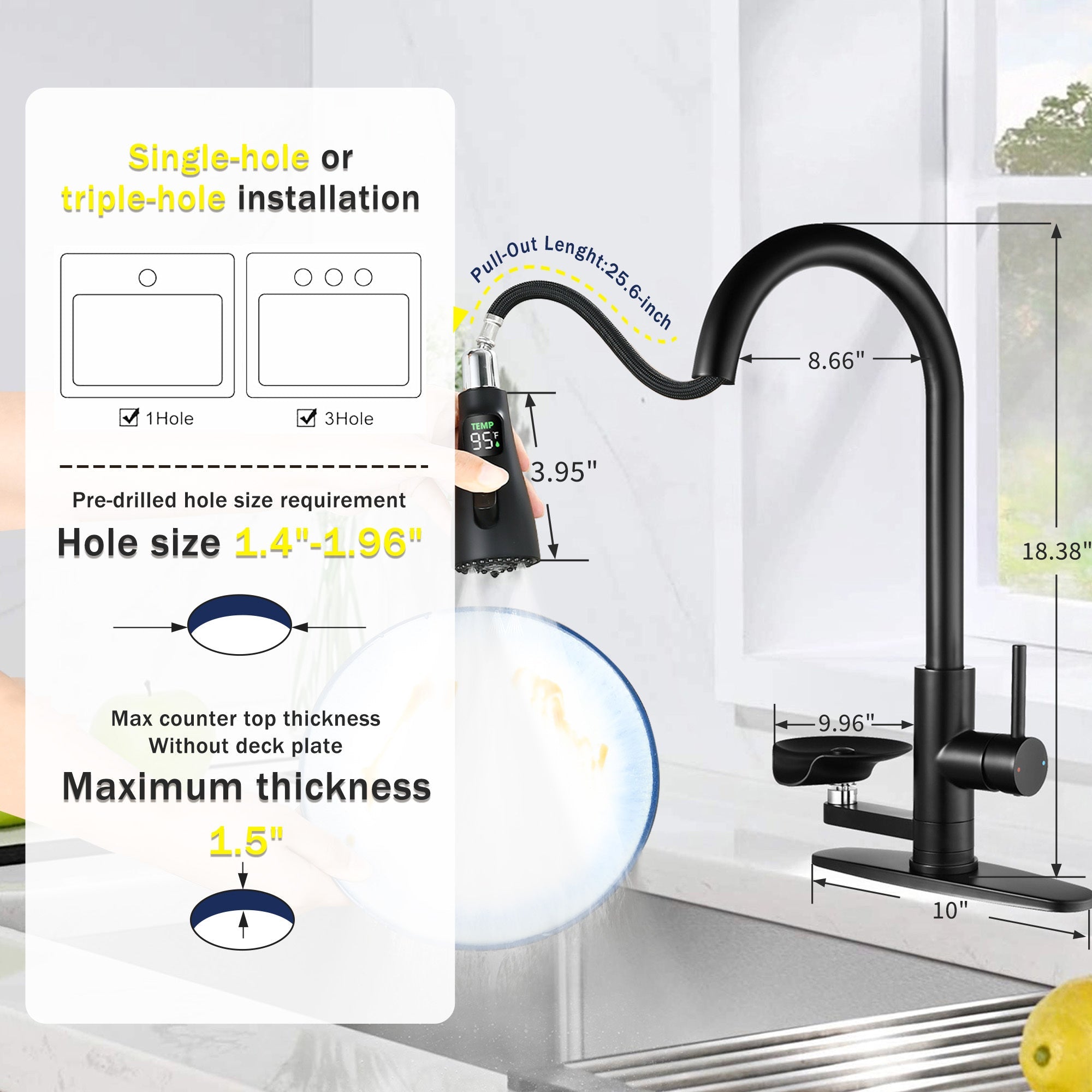 3-in-1 Matte Black Kitchen Faucet with LED Temperature Display, Press-Type Glass Rinser, Pull-Down Sprayer, 3 Spray Modes