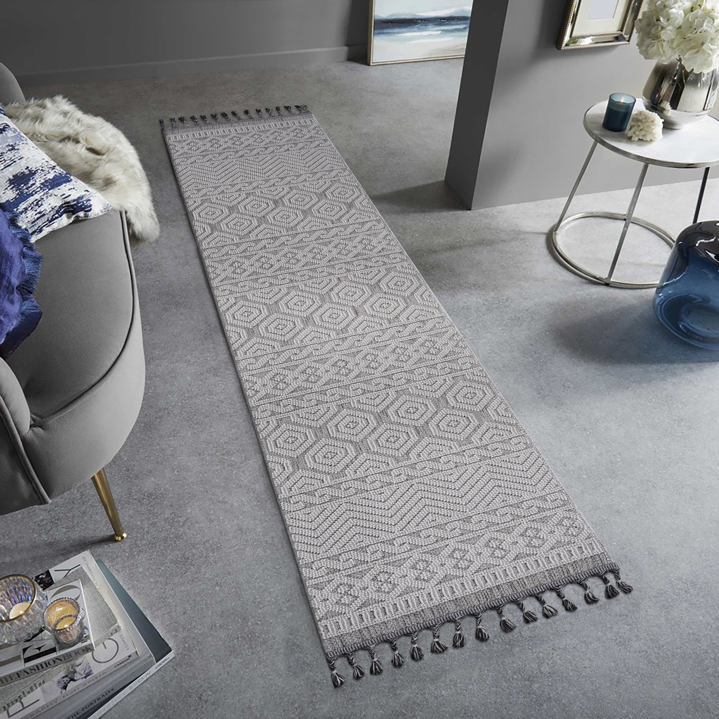 NAAR Guros Collection 2X8 Grey / White / Geometric Indoor / Outdoor Runner Rug