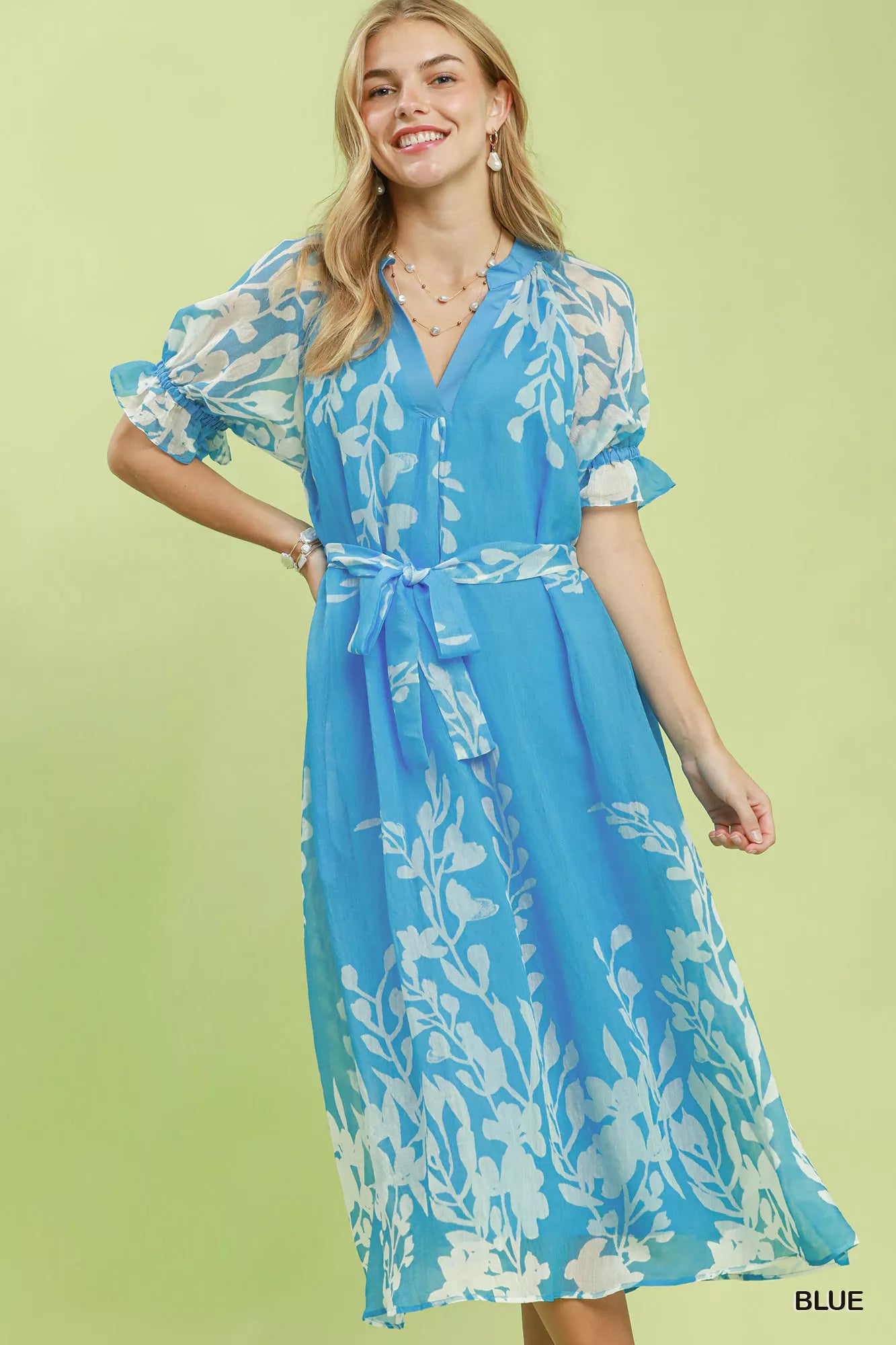 Umgee Floral Print Tie Waist Midi Dress with Side Pockets