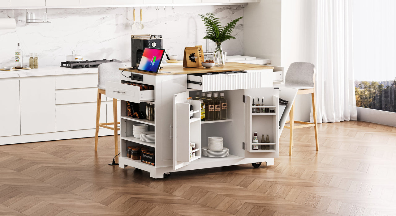 K&K Fluted Kitchen Island with Trash Can Storage Cabinet, Power Outlet, Internal Storage Rack, Rolling Kitchen Islands on 5 Wheels with 3 Drawer, 3 Open Side Racks for 10 Gallon Garbage Bin, White